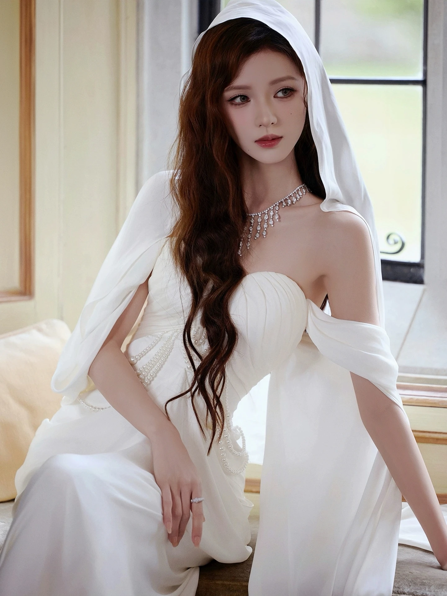 فستان زفاف أبيض أنيق حديث بأكمام طويلة وخط عنق نحيف طويل زائدة آلهة يونانية للسيدات فساتين حفلات العشاء المسائية