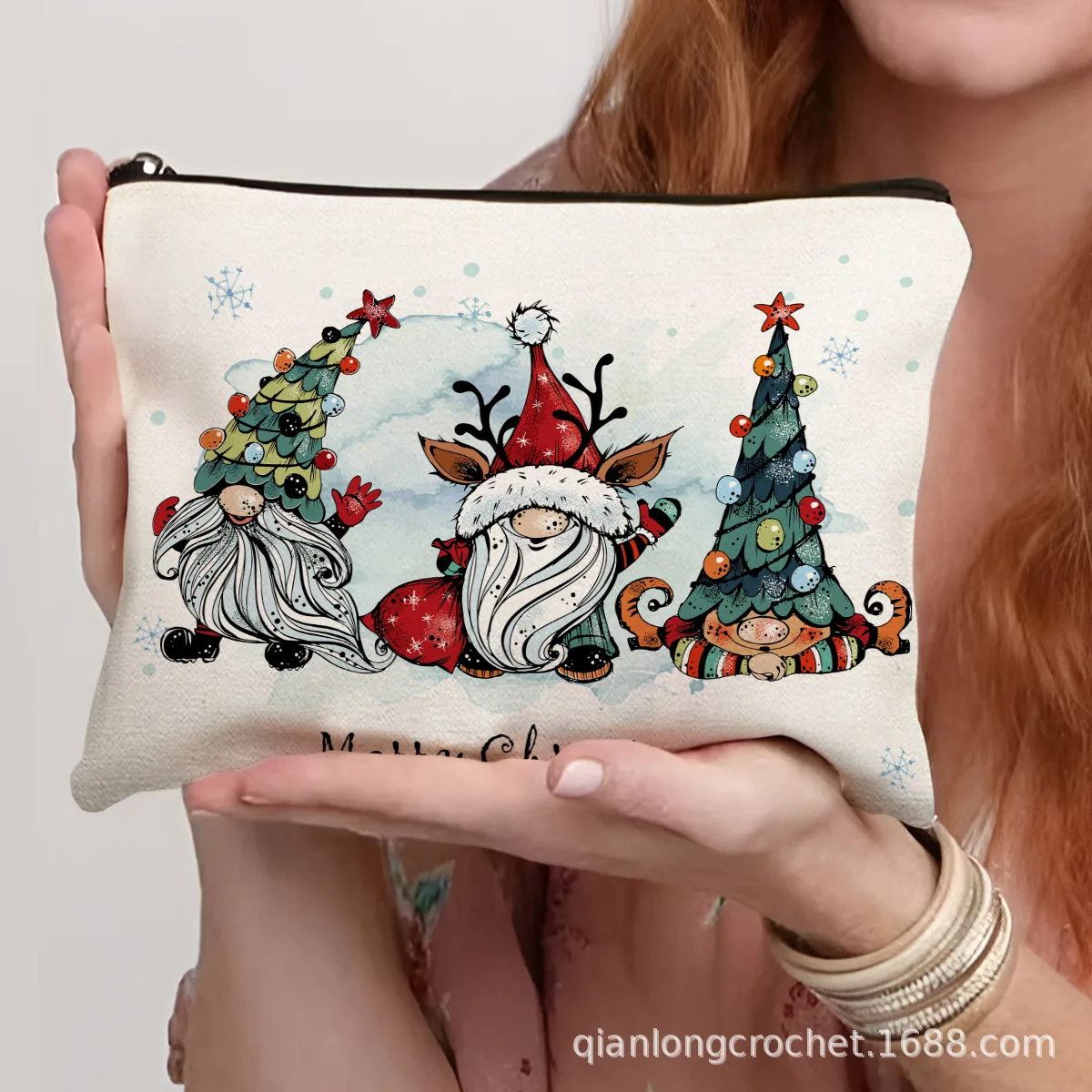 Christmas Gnome Print Cosmetic Bag Multi‑Purpose Zipper Pouch Travel Makeup Storage Organizer Women Gift Accessory
