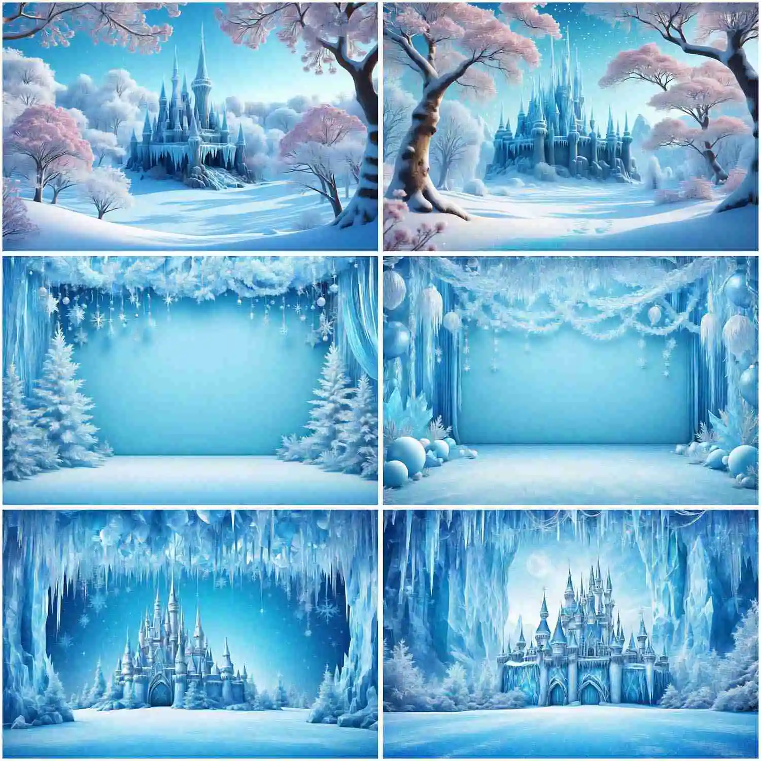 MOON.QG Blue Curtain Frozen Birthday Princess Party Backdrop for Girls 3D Garland Castle Background Photography Photocall Props