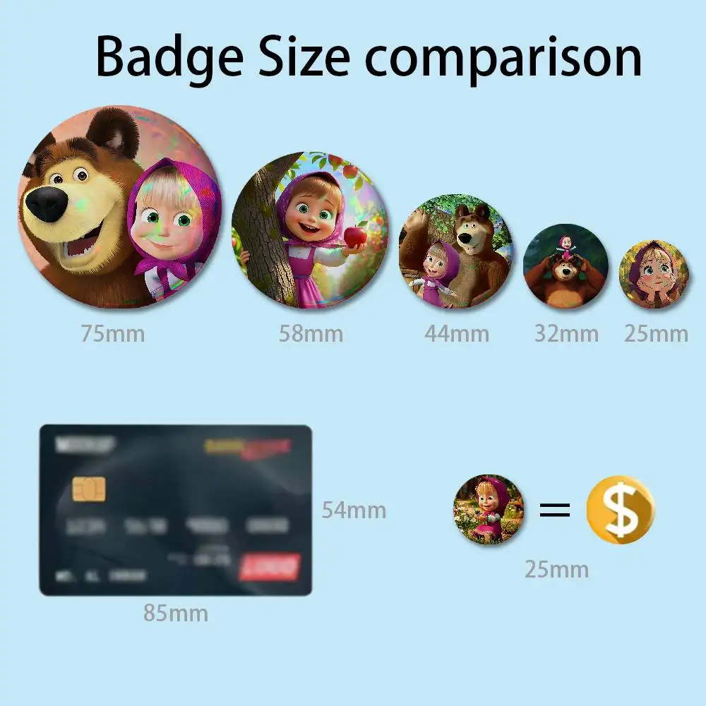 Cute M-Masha And Bears 32mm 58mm 75mm 44mm 25mm Anime Badges Brooches DIY Pins Decorations Birthday Gifts