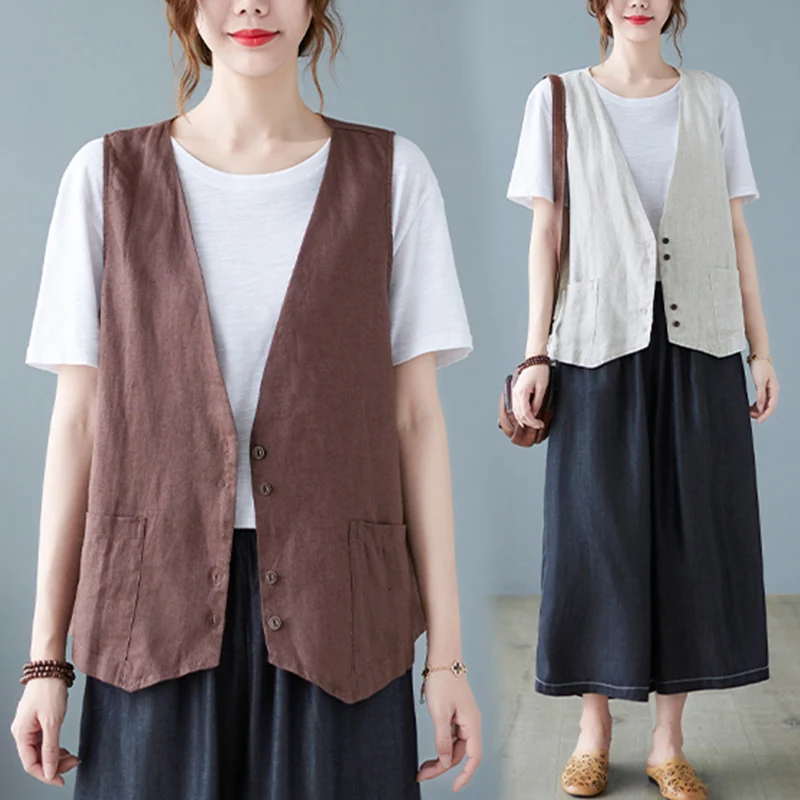 

Новый хлопковый льняной цветной жилет Jaet размера плюс, женский открытый кардиган с двойной пуговицей, льняной жилет, топ, летний