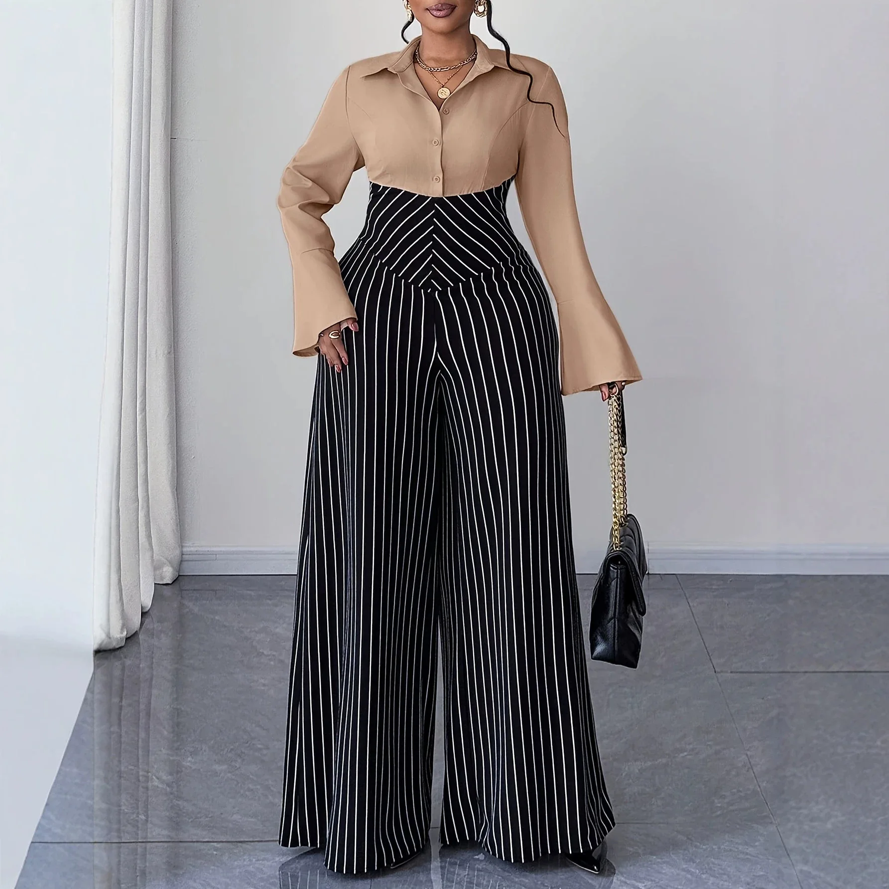XL-4XL Plus Size Women Clothes Jumpsuit Clothes Long Sleeve Urban Leisure Bodysuit New Wide Leg Jumpsuit Wholesale Dropshipping