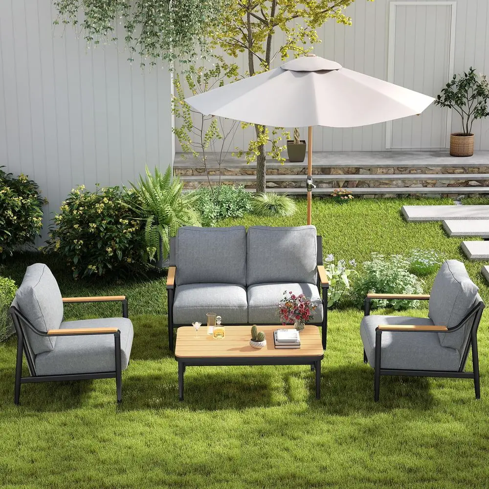 

4 Pieces Outdoor Sofa Conversation Set, 4 Seats Couch Set with Table, Metal Frame Rope Weaving Design UV Resistance Waterproof