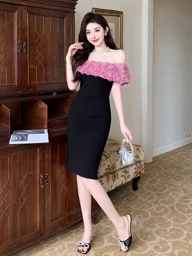 

French Retro Summer Black Pink Patchwork Elegant Evening Party Long Dress Women Sexy Backless Off Shoulder Wrap Hip Dress Trendy
