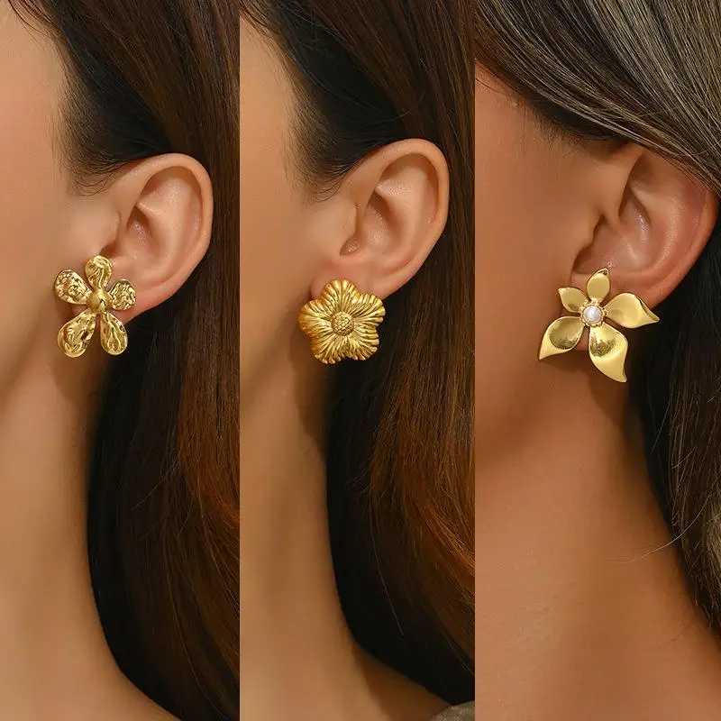 Stainless Steel Flower Earrings For Women Trend Simple Geometric Gold Color Piercing Ear Accessories Wedding Jewelry Gifts