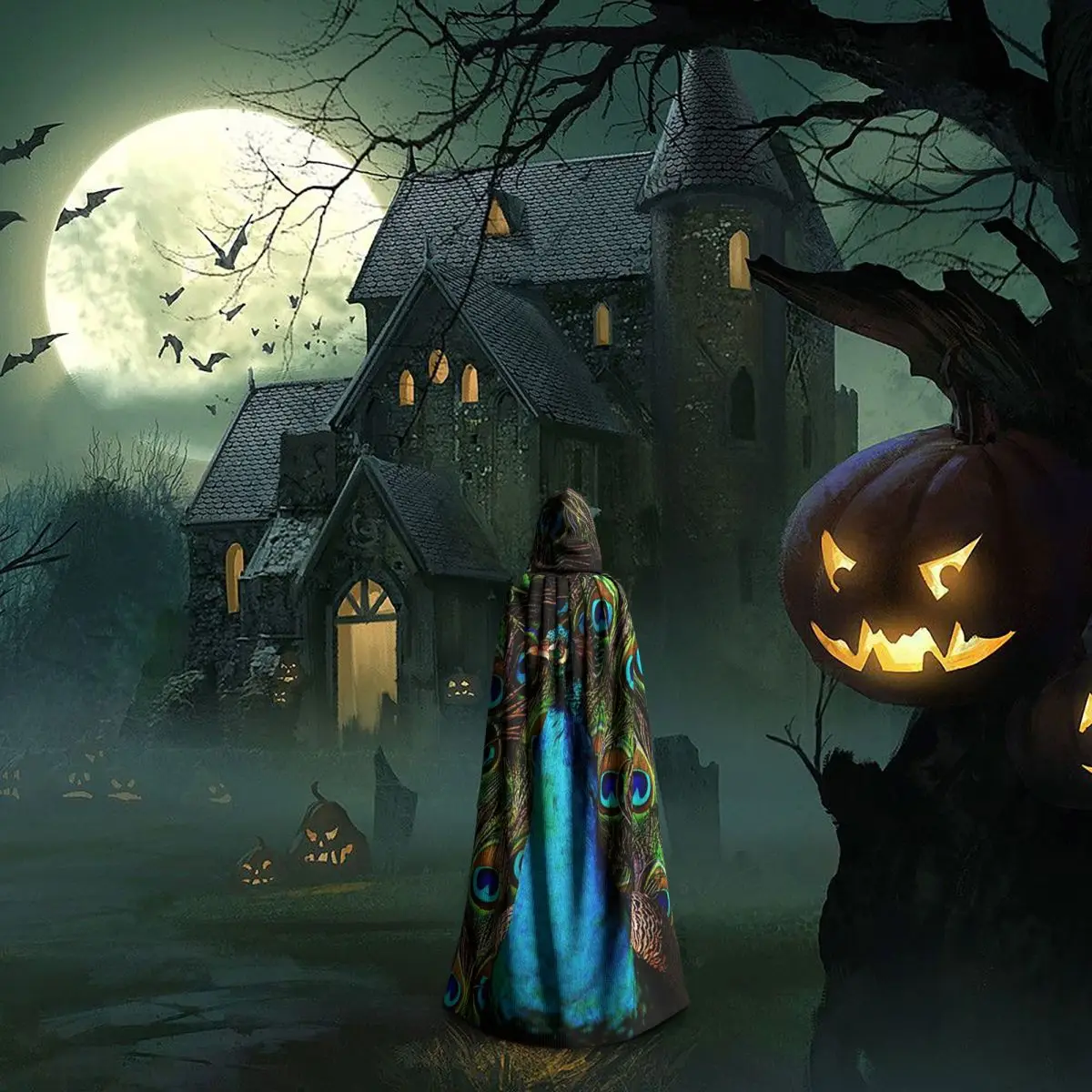 

This Peacock Feathers Is Watching You Long Hooded Cloak Witch Medieval Costume Cosplay Cape HalloweenVampire Adult Unisex