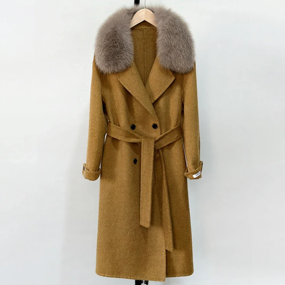 

Женская шерстяная куртка, осенняя верхняя одежда с воротником из натурального лисьего меха, новая зимняя элегантная кашемировая шерстяная куртка, длинная меховая куртка