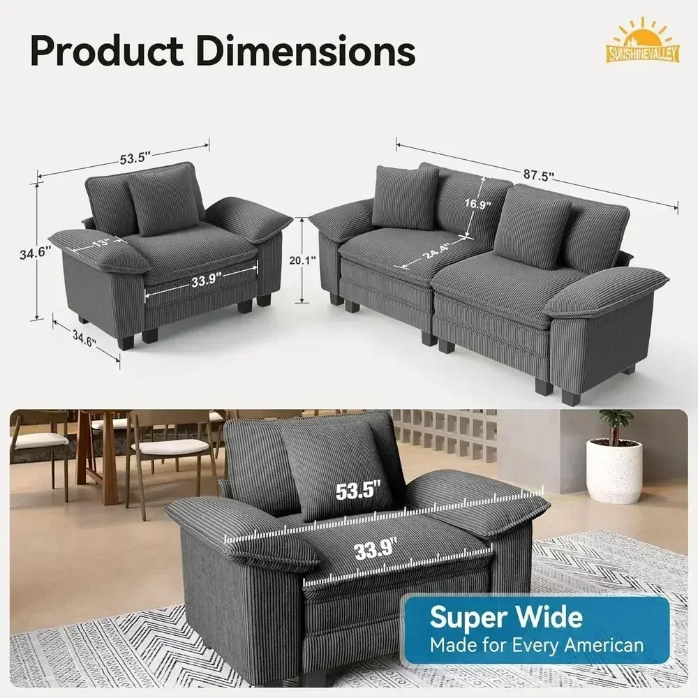 Oversized 87.5 Grey Corduroy 3-Seat Cloud Sofa with Pillows, 2-Piece Deep Sectional Living Room Furniture Set