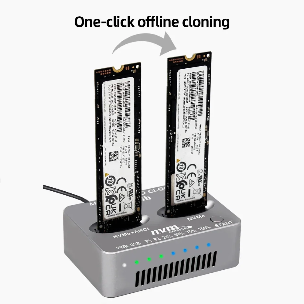 Estación de acoplamiento de doble bahía NVME SSD clon USB3.2 tipo C lector de unidad de estado M.2 M.3 NVME PCI-E caja de disco duro externo para SSD M2