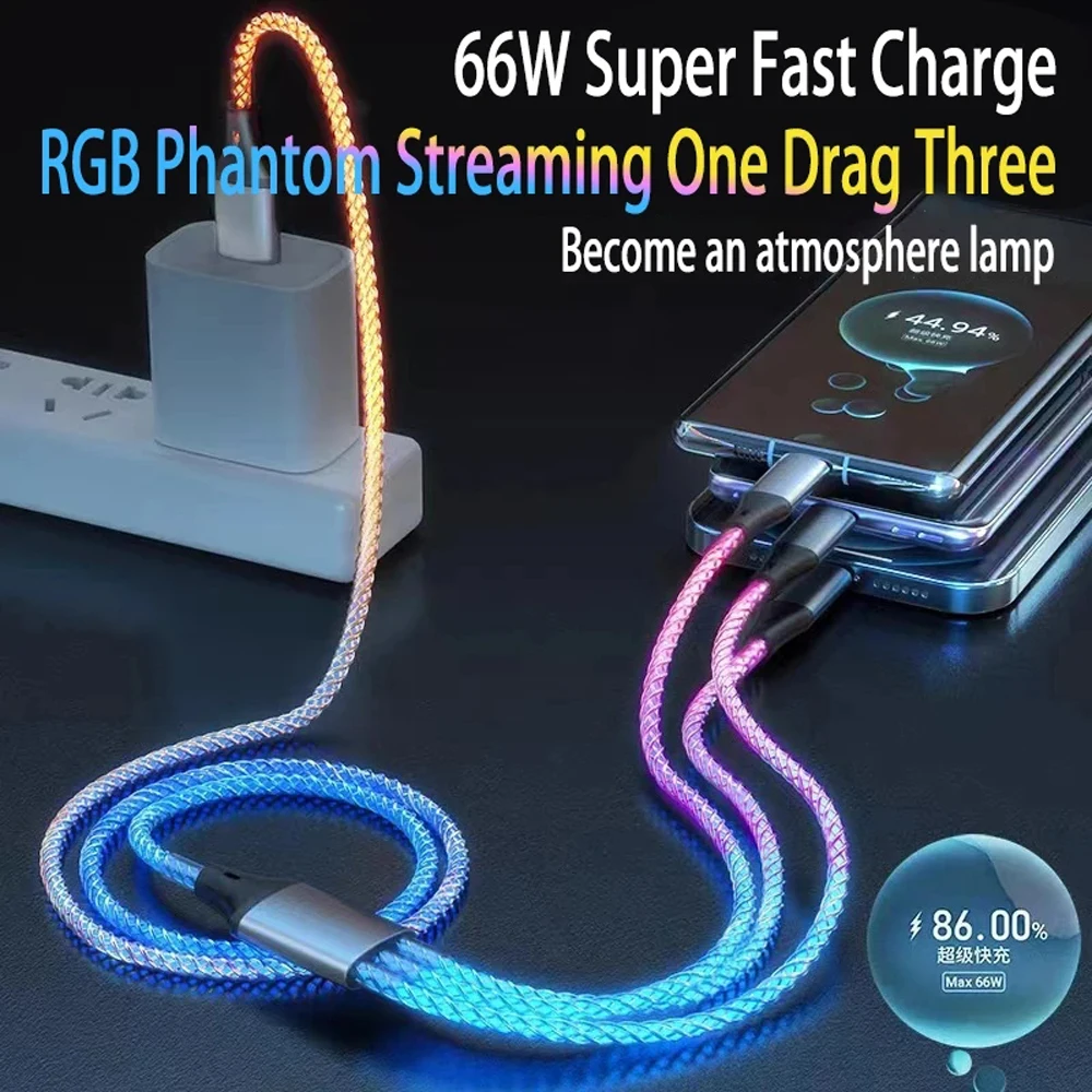 66W 3 IN 1 Flow Luminous Cable 6A Fast Charging Cable USB Type C Cable Micro USB Cable RGB LED USB C Data Cable