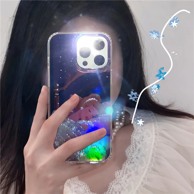 Luxury Disney sleeping beauty Princess Phone Case for iPhone 13 14 15 16 Pro Max Elsa Mermaid Cinderella Belle Girl Laser Cover