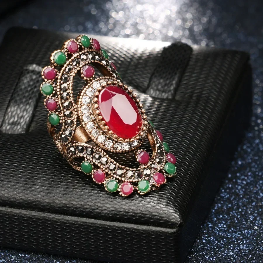 Vintage Middle Eastern Ethnic Style Creative Crystal Resin Women\'s Ring 2023 New Gorgeous Party Turkish Jewelry Accessories