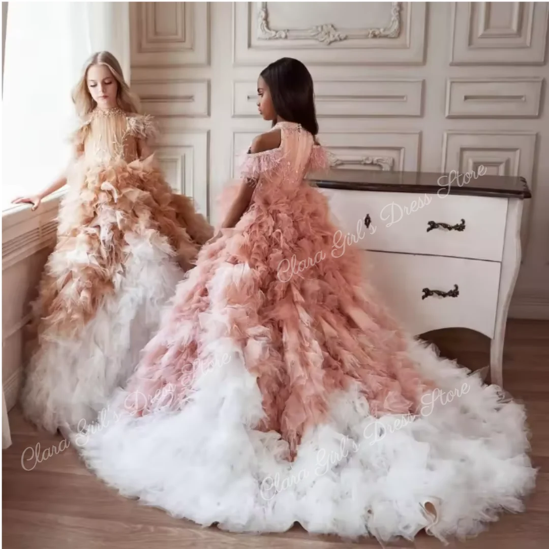 Custom Luxury Off-Shoulder Flower Girl Dress with Feather and Ruffle Details for First Communion Prom Birthday and Wedding Party