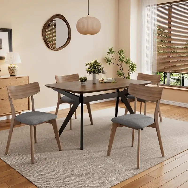 5-Piece Upholstered Dining Set, Rubberwood Frame, Grey Walnut Black Finish