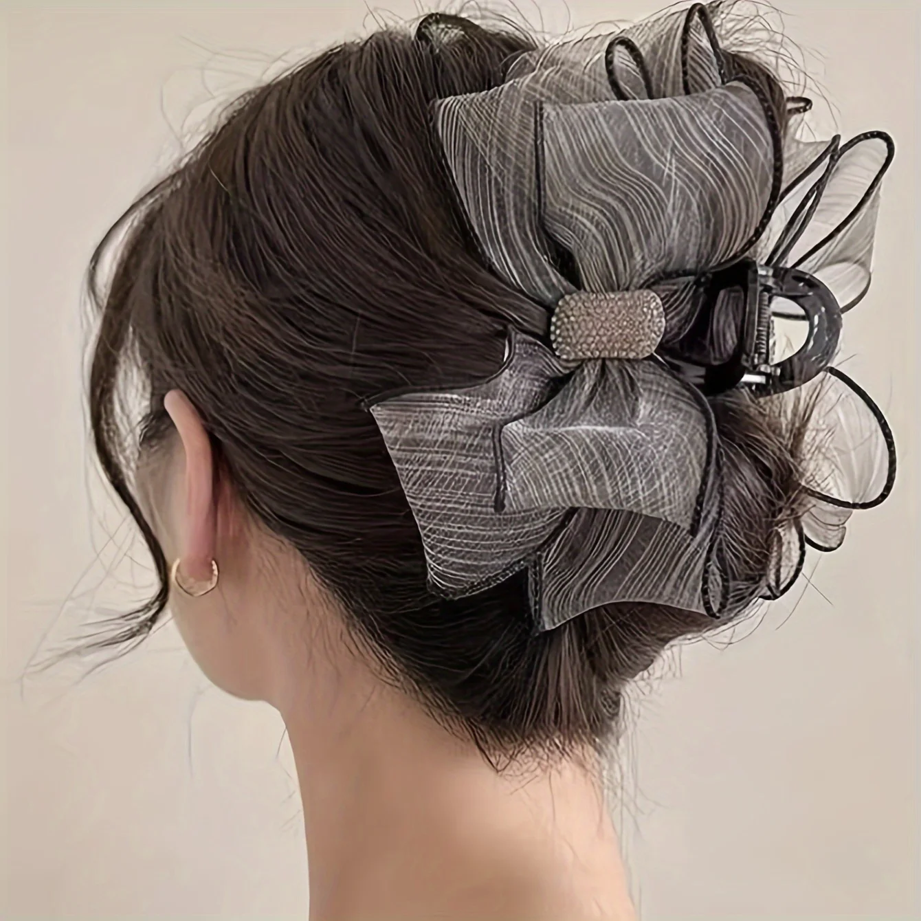 Rhinestone Embellished Butterfly Bow Hair Clip-Large Dual-Sided Mesh&Satin Hair Claw Clip for Women, Secure Shark Grip Accessory