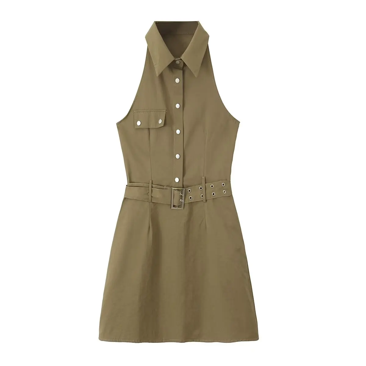 2024 American Retro Army Green Lapel Sleeveless Safari Dress Women With Buckle Belt Slim Waist A line Mini Party Robe