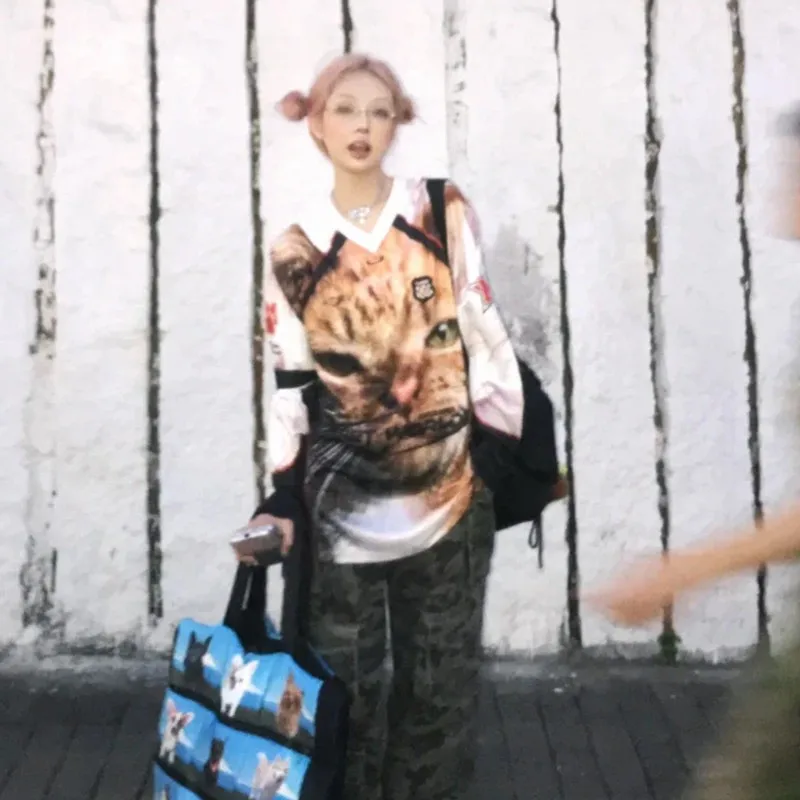 Karrram Japanese Y2k Kitten Print Jersey T-shirt Vintage Harajuku V-neck Long Sleeve Cat Tops American Retro Streetwear 2000s