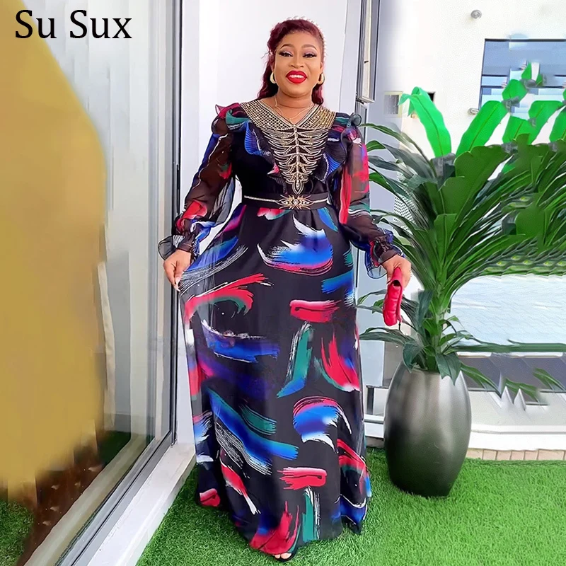 Sequins Chiffon Maxi Dress African Dresses For Women Elegant V Neck Long Sleeve Dress and Belt Africa Clothing Robe Partyclub