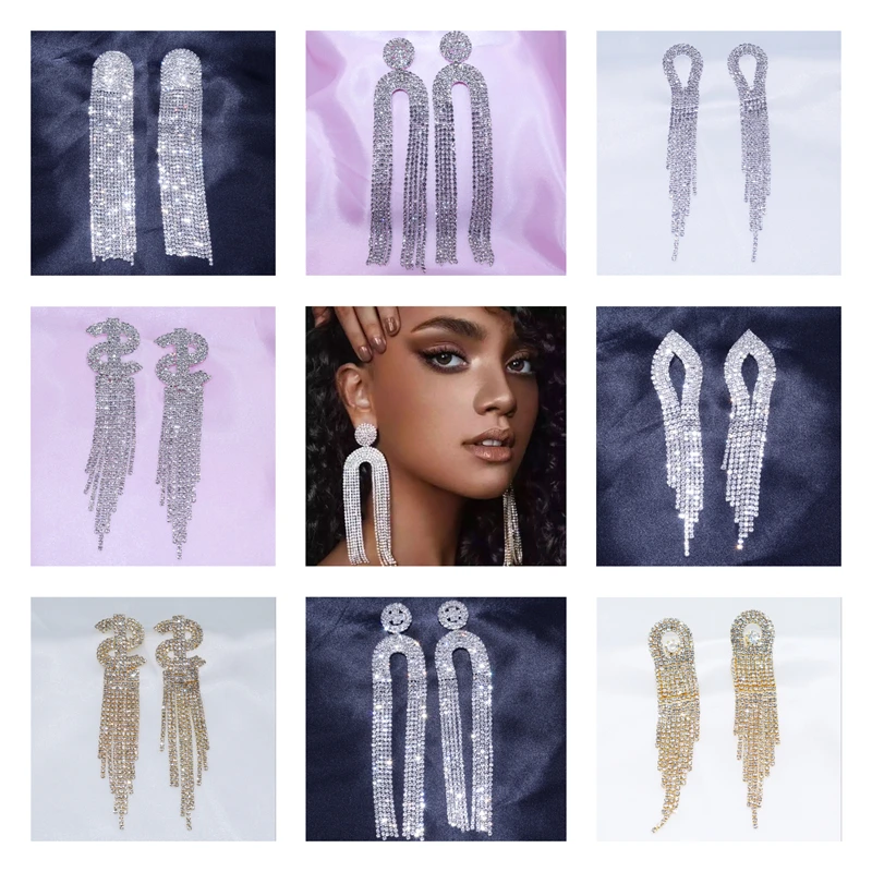 

2022 New Trendy Bride Rhinestone Long Tassel Earrings Luxury Crystal Big Drop Dangle Earrings For Women Wedding Party Jewelry