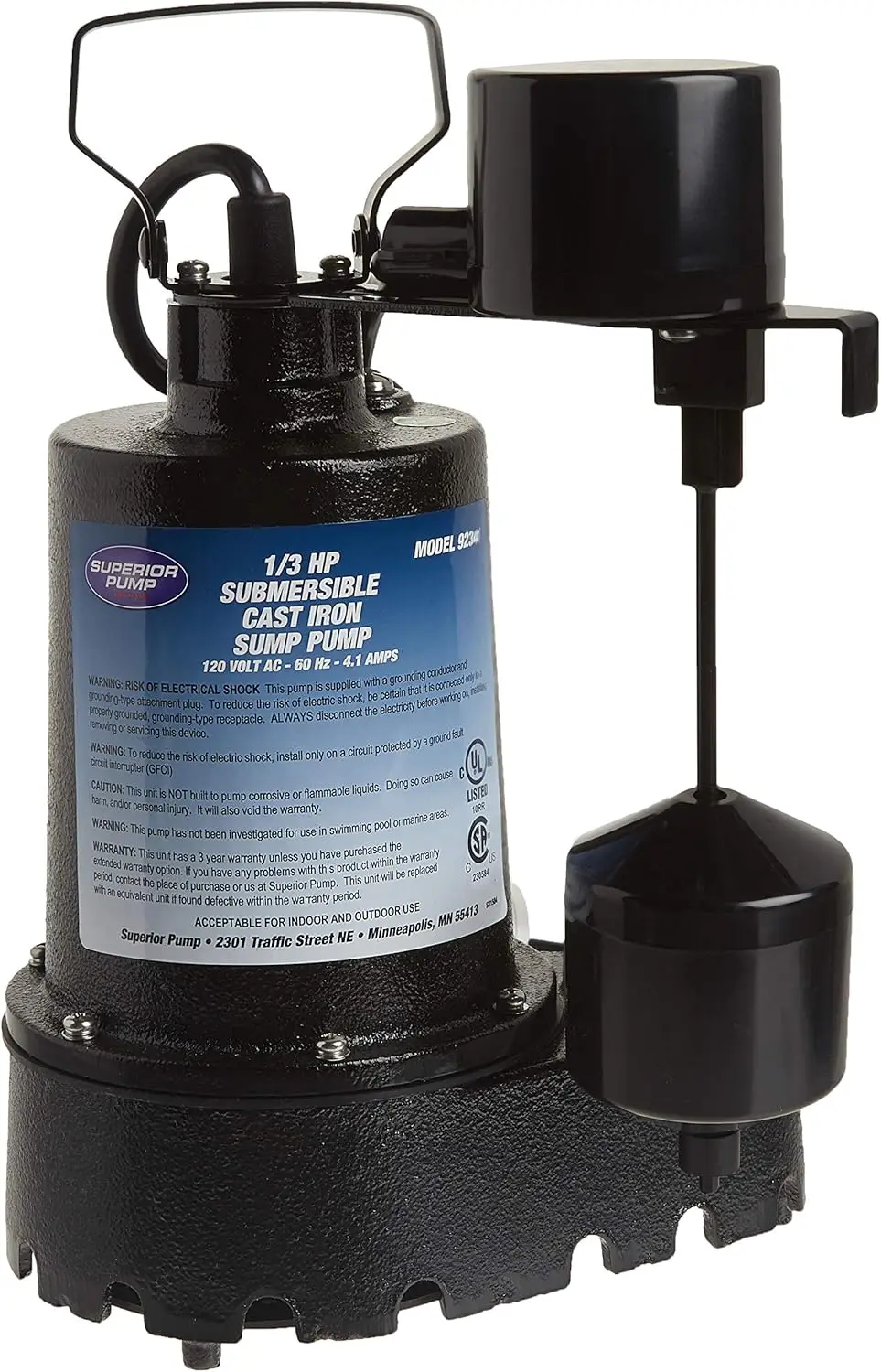 Superior Pump 92341 1/3 HP Cast Iron Submersible Sump Pump with Vertical Float Switch