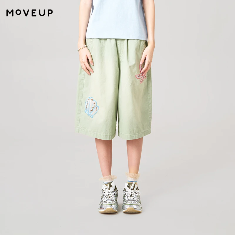 MOVEUP Casual Straight Capri Pants 2026 Summer New Pure Cotton Elastic Waist Design Embroidery Pocket Capris For Women 3ELX20117
