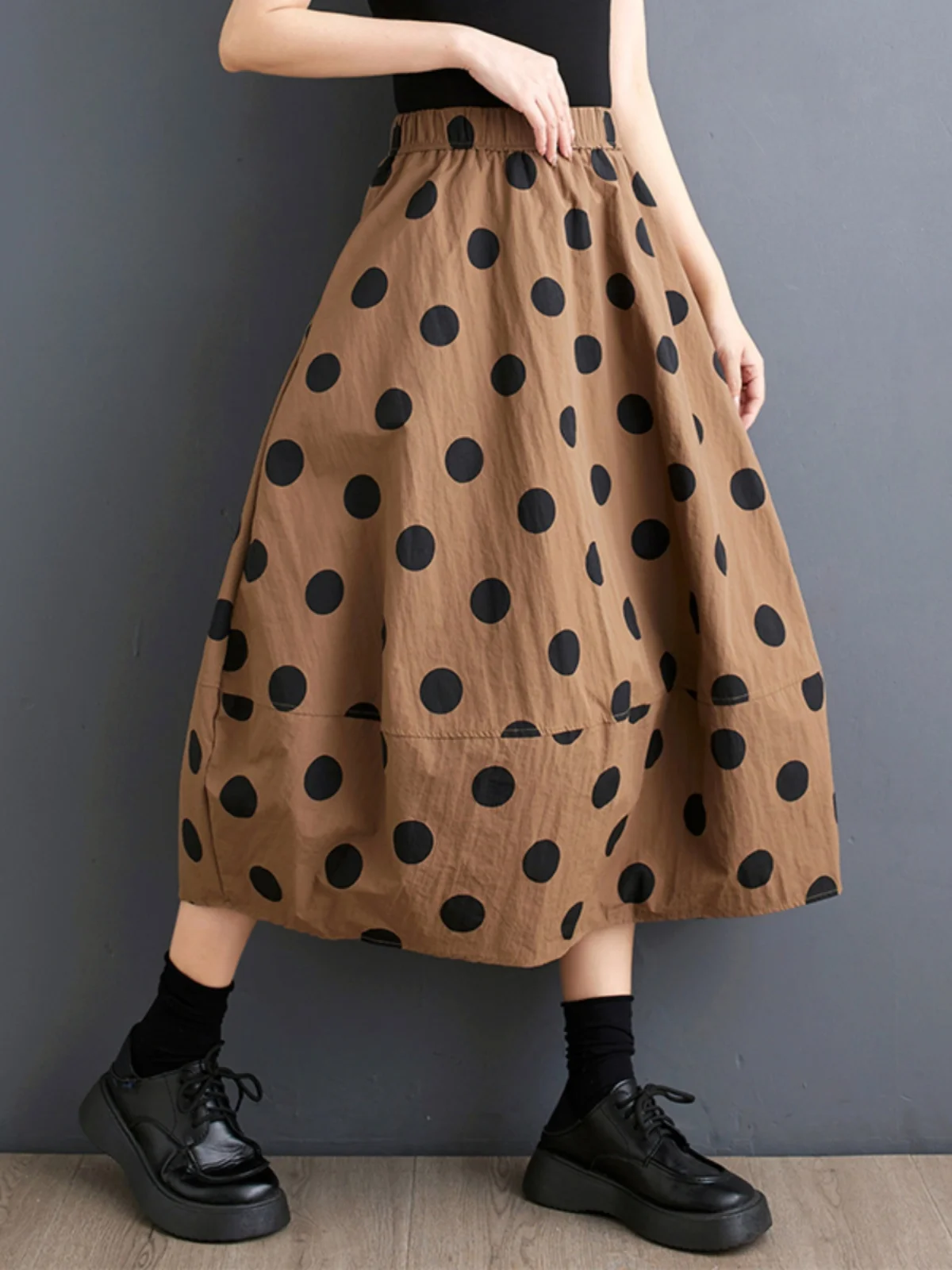 

Retro Hong Kong Wave Polka Dot f Skirt A-Line Patchwork Design Versatile Slimming High Waist Midi Gown for Women