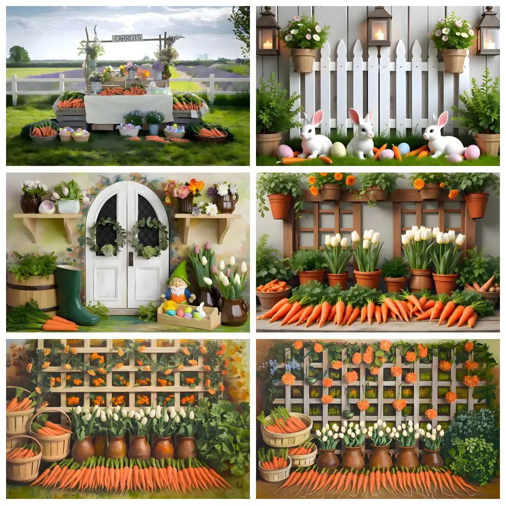 Spring Carrots Store Photography Backdrops Easter Flowers Wood Fence Grass Field White tulips Baby Shower Decor Photo Background