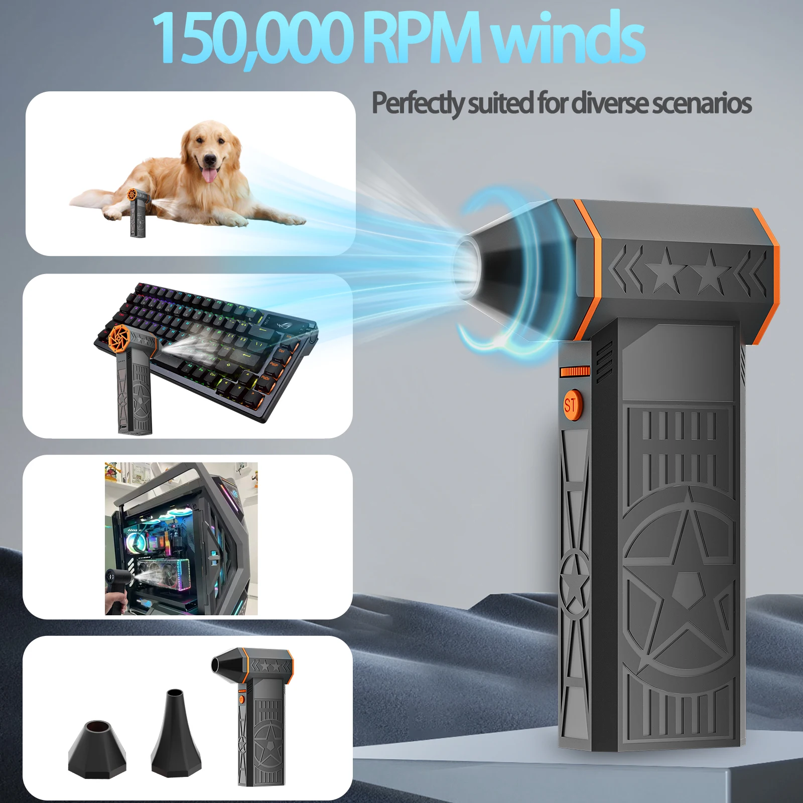 2025年の新しいポータブルターボファン、ハンドヘルド高速ファン、強力なターボファン、高速気流 - 内蔵4000mAh * 2充電器