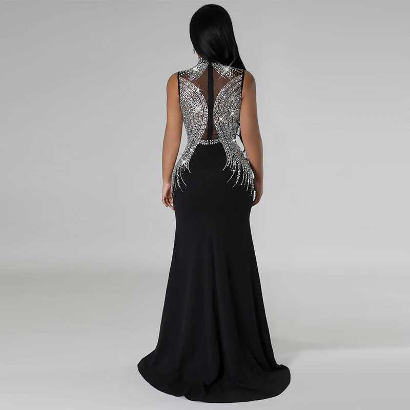 Damen Sommer mode ärmellose Hot Diamond Perspektive Mesh Kleid elegant und elegant Stil gewickelt Hüfte langes Kleid Kleid