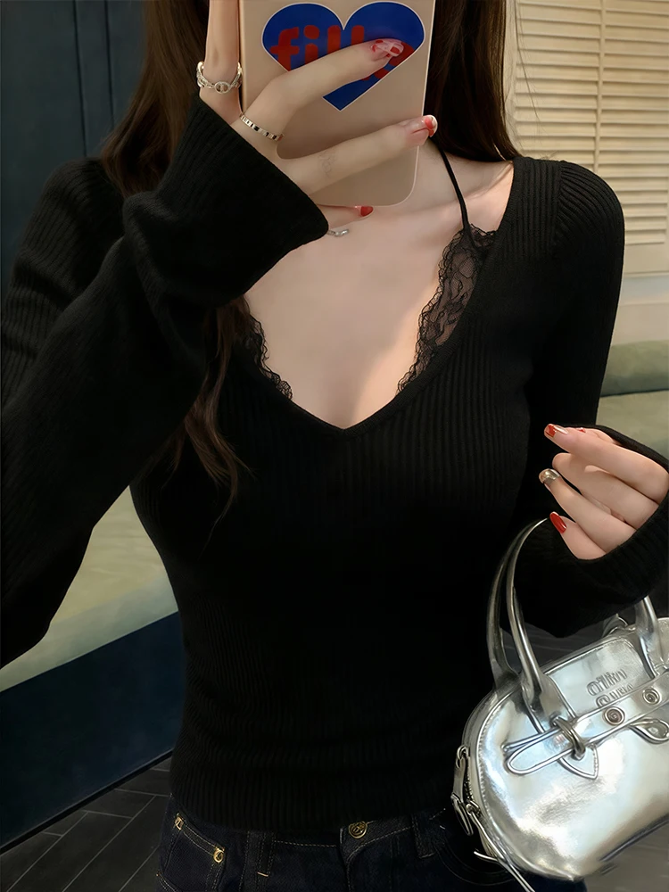 

Korean Sle Bla Lace Collar V-Ne Knitted Sweater Women Spring Design Slim Fit Inner Wear ort Top Hanging Ne
