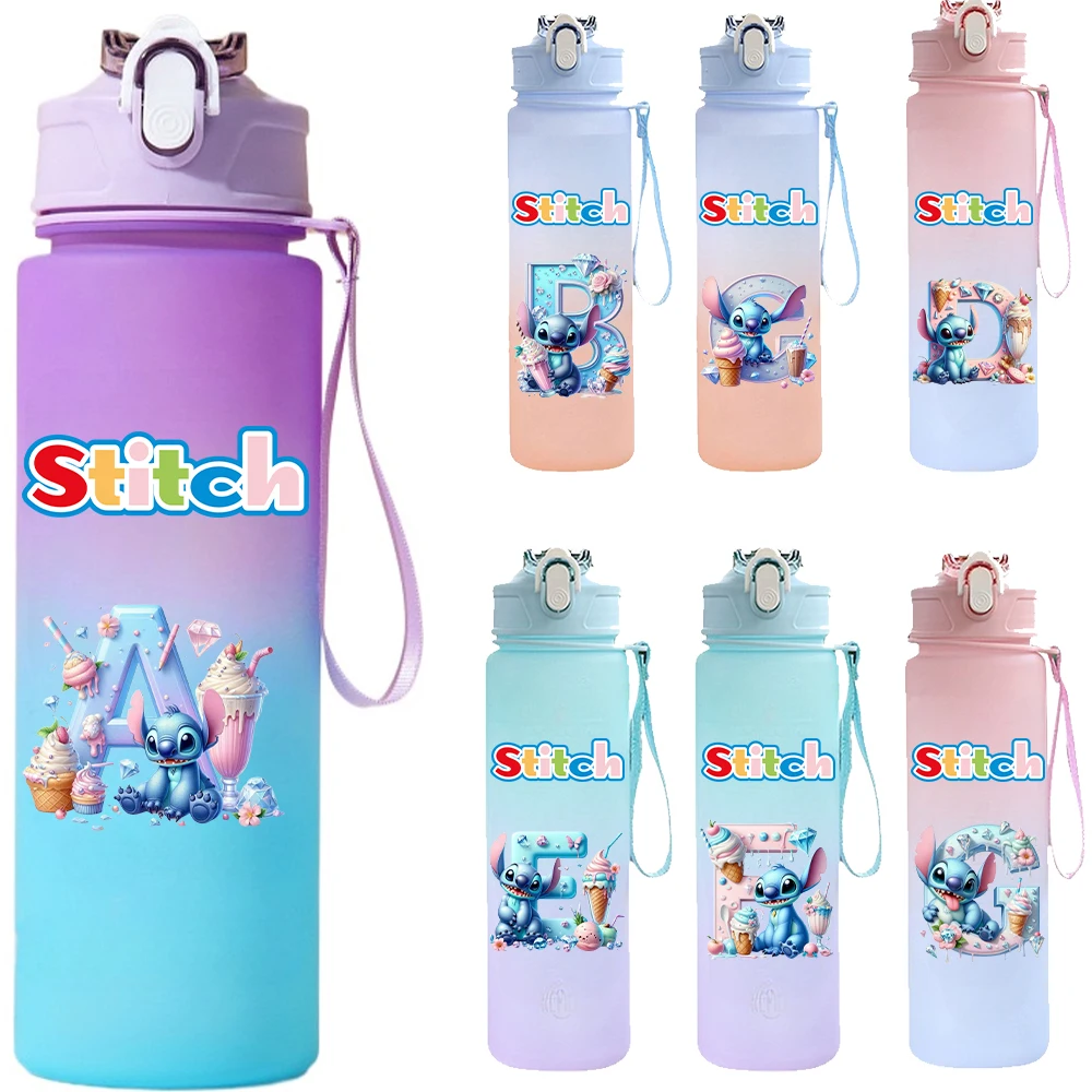 Nueva Botella de Agua de 750 ml con Estampado de Letras de la A a la Z, Botella de Agua Lilo & Stitch de Gran Capacidad, Portátil, de Dibujos Animados, para Deportes al Aire Libre, Regalo
