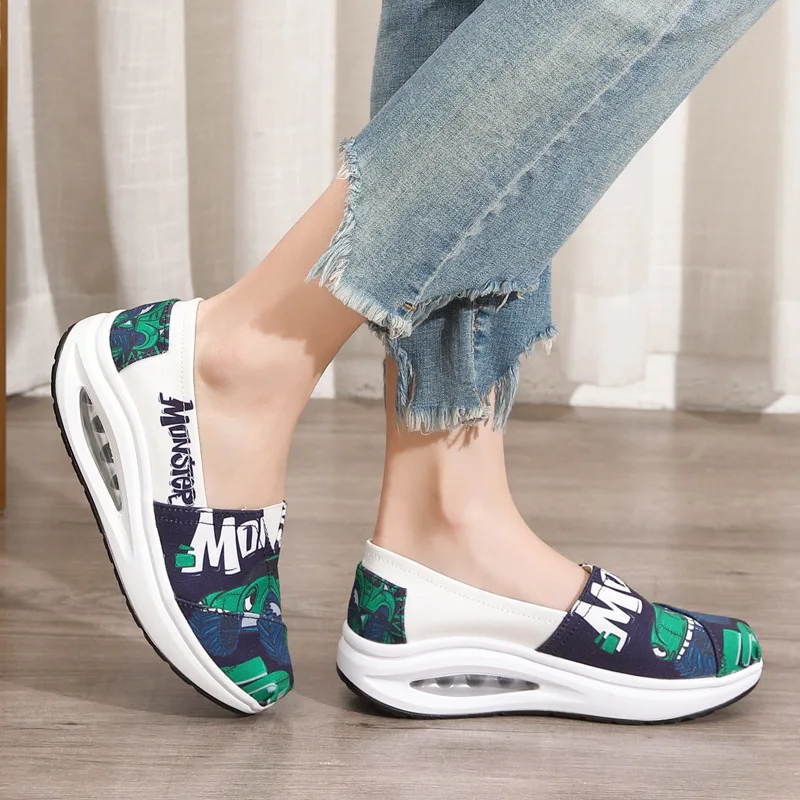 Sneakers Women Fashion Printing Canvas Shoes Autumn Wedge Platform Casual Sport Shoes Female Outdoor Rocking Shoes Zapatillas