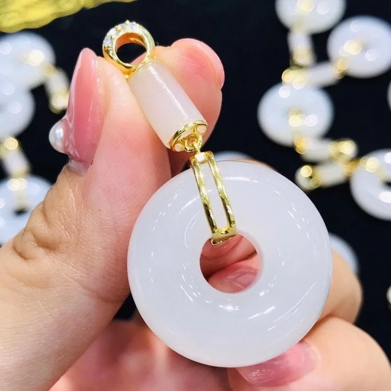 Hotan With Silver Inlay And Sheep Fat White Jade Ring Donut Pendant