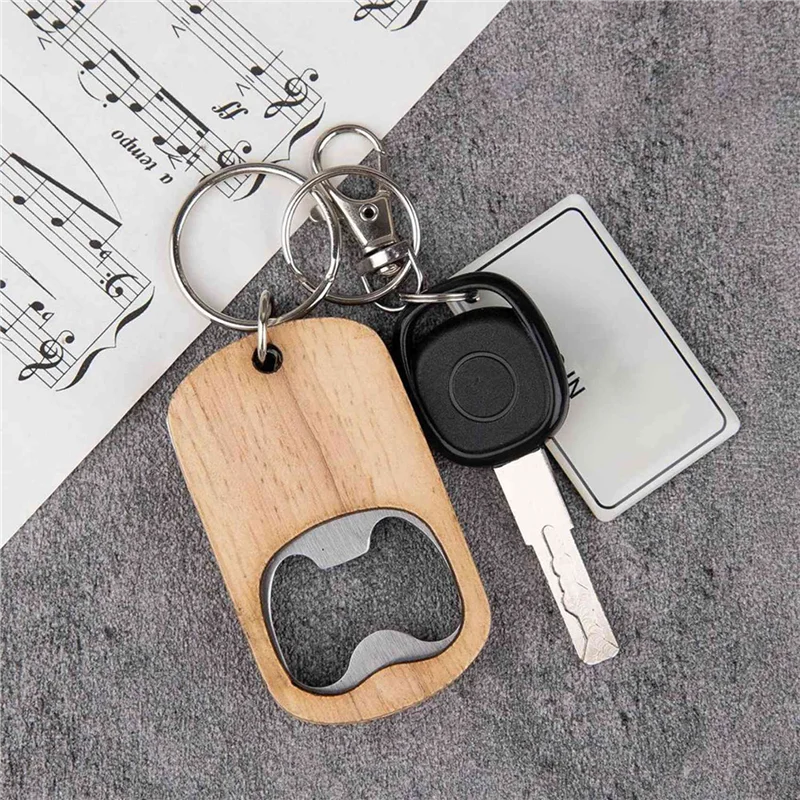 A70P 60Pack Wood Bottle Opener Wooden Keychain Bottle Openers Blanks Wood Engraving Key Chains Key Tag For Home Kitchen Party