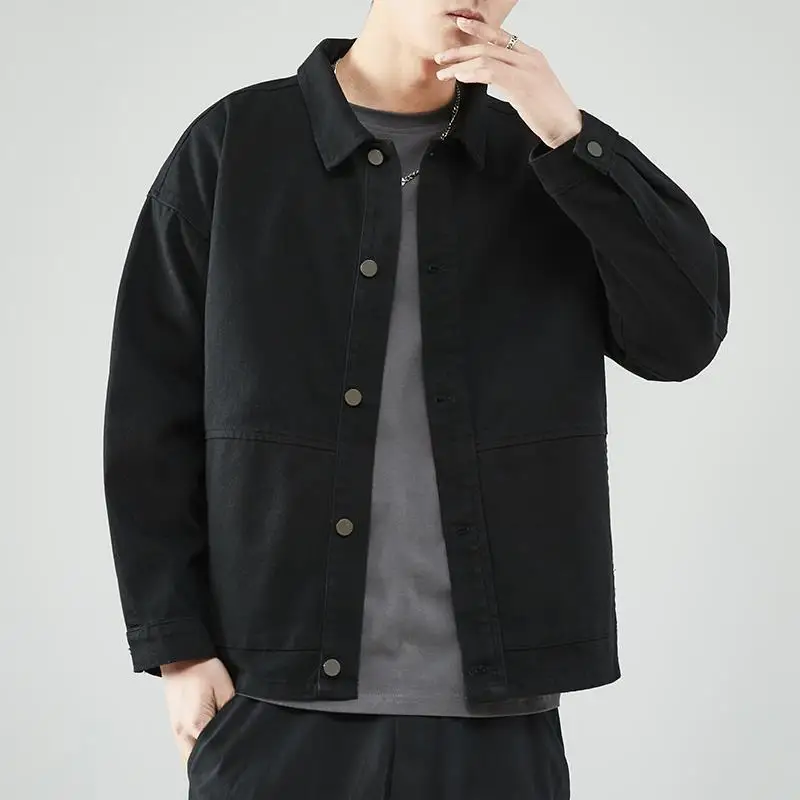 Men Lapel Collar Button Up Jacket Loose Long Sleeve Pocket Design Casual Outerwear Coat