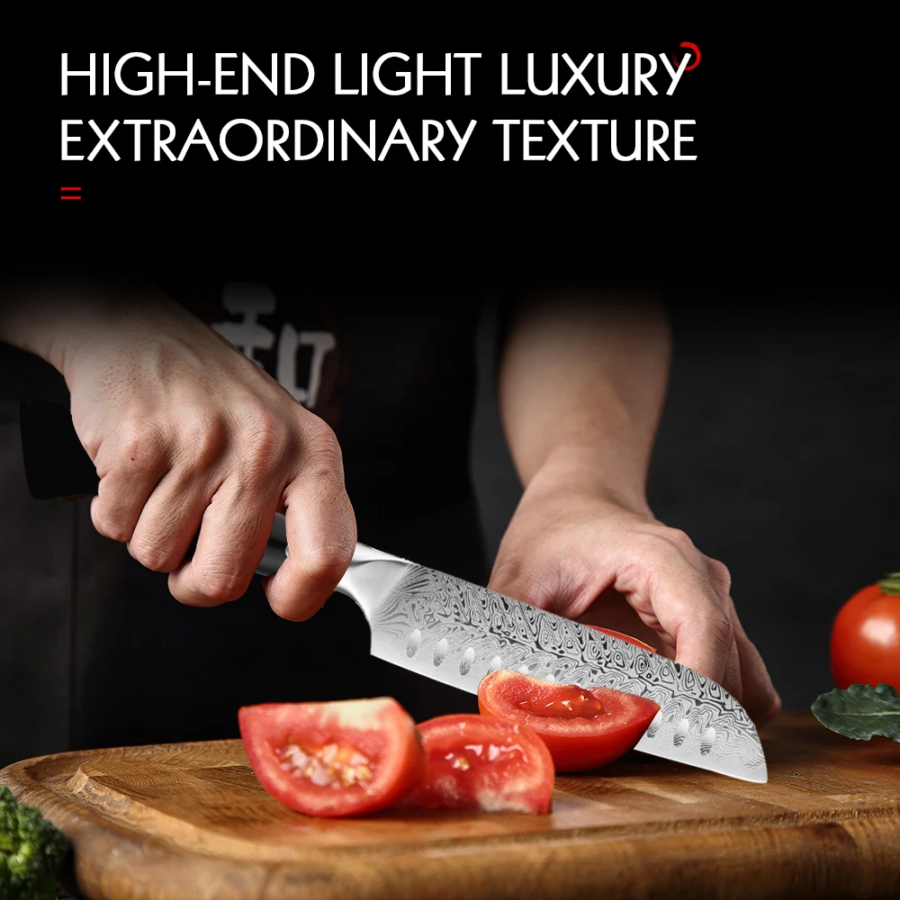 Japanese kitchen knife San De kitchen knife made of Damascus steel with patterns. Suitable for cutting meat vegetables and sushi