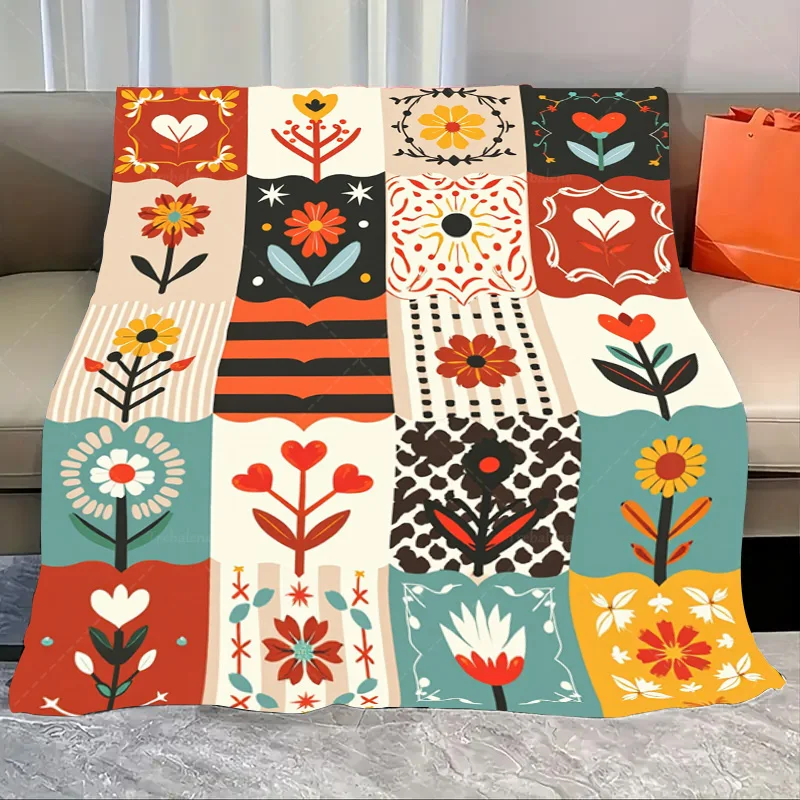 

1pc Flannel Blanket Retro Floral Patchwork Blanket for Cozy Living Room Decor