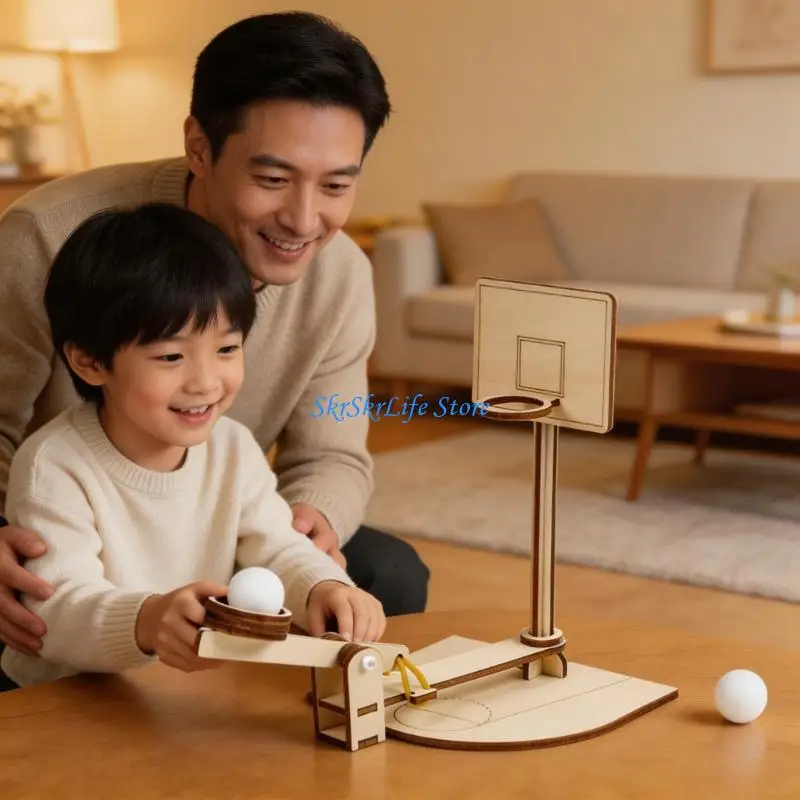 E65E Desktop Basketball Toss Toy for Kids, Wooden Mini Hoop Game with Catapult Arm, Slot Fit Assembly for Family Play, Class and