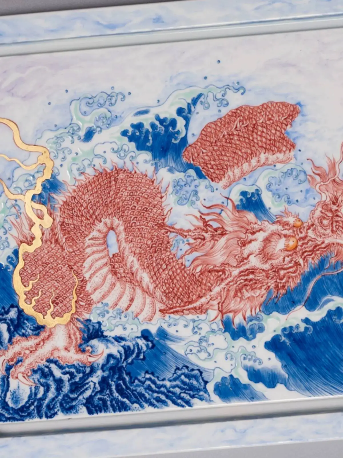 Holy Mountain Jingdezhen Blue White Porcelain With Underglaze Red And Purple Dragon Pattern, Dual-Use Ceramic Tray, Hand-Painted