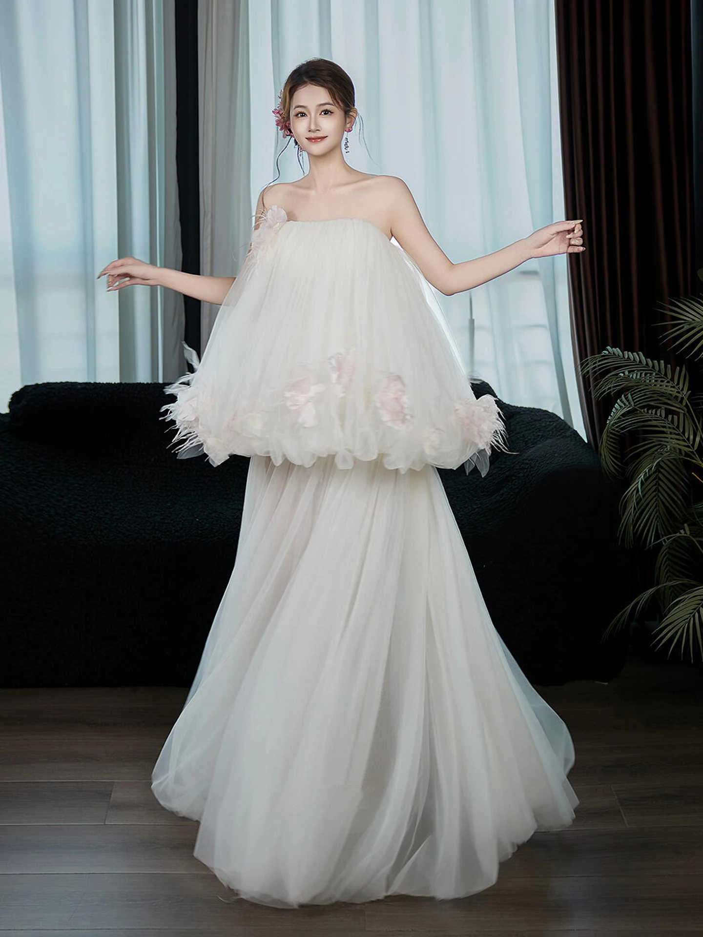 Fee-avondjurk Strapless baljurk Galajurk Feestjurk met veters aan de achterkant Roze appliqué