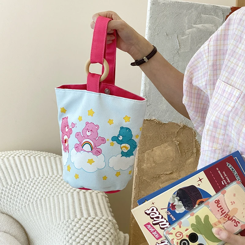 Kawaii Care Bears Portable Handbag Single Shoulder Canvas Bag Dopamine Versatile Bucket Bag Cosmetic Bag Storage Bag For Girls