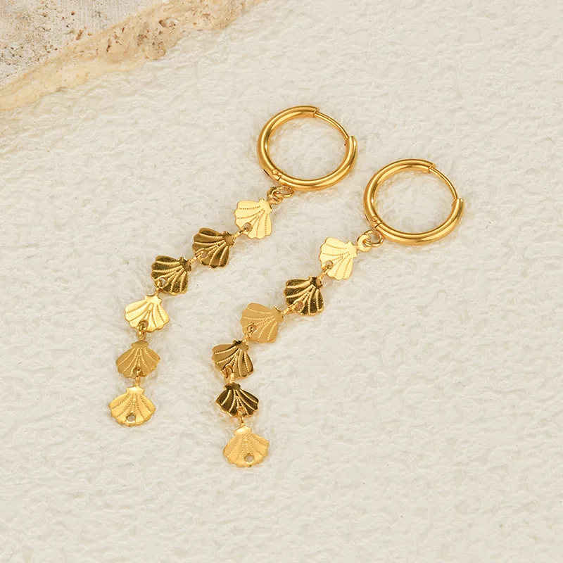 Prachtige roestvrijstalen gouden kleur lange hanger schelpvormige kwast oorbellen voor vrouwen Hoge kwaliteit mode-sieraden geschenken
