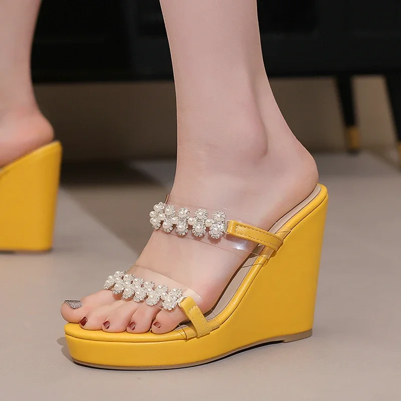 PVC Transparent Clear Open Toe Platform Wedges High Heels Mules With Pearls Yellow White Women Summer Sandals Slides Slippers