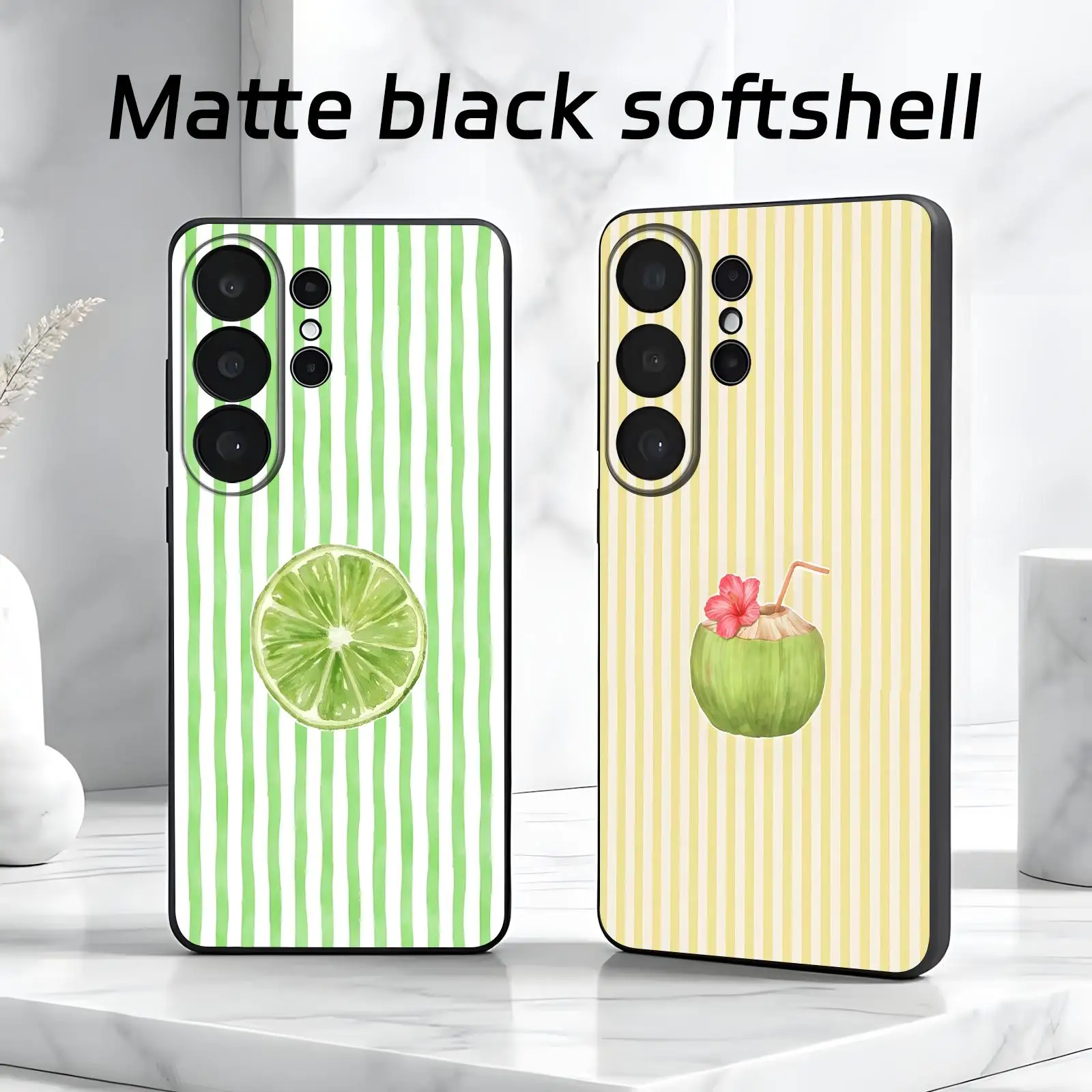 Solid Color Vertical Stripe Fresh Fruit Collection For Samsung S26 S25 S24 S23 S22 S21 S20 Ultra Soft black Shockproof Cover