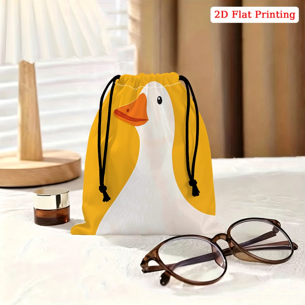 1pc Cartoon Duck Drawstring Bag Yellow And White Goose Print Storage Small Pouch For Glasses Cosmetics Travel Organizer Portable