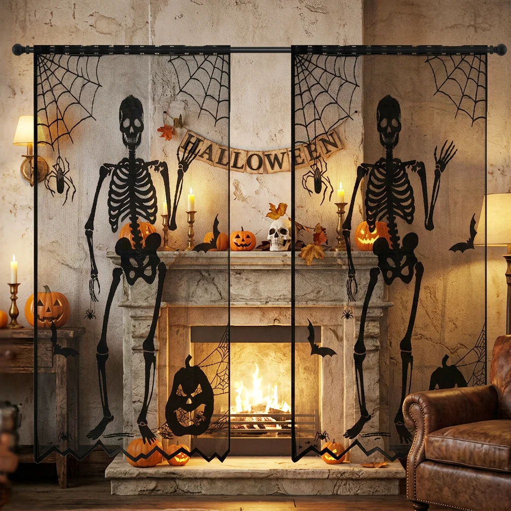 2 Halloween Horror Skull Spider Web Curtain Retro Gothic Style Decorative Short Curtain for Entrance Exit Window Door Decoration