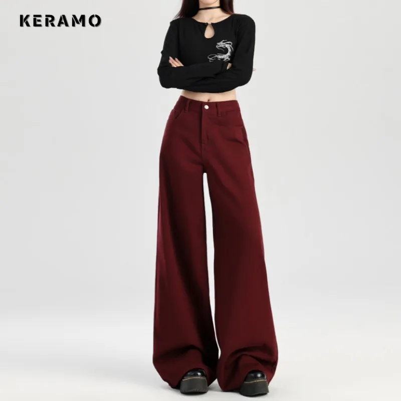 

Retro Harajuku Loose Emo Denim Trouser Women's Casual Full Length Baggy Jeans 2025 Spring Solid Red High Waist Y2K 2000s Pants