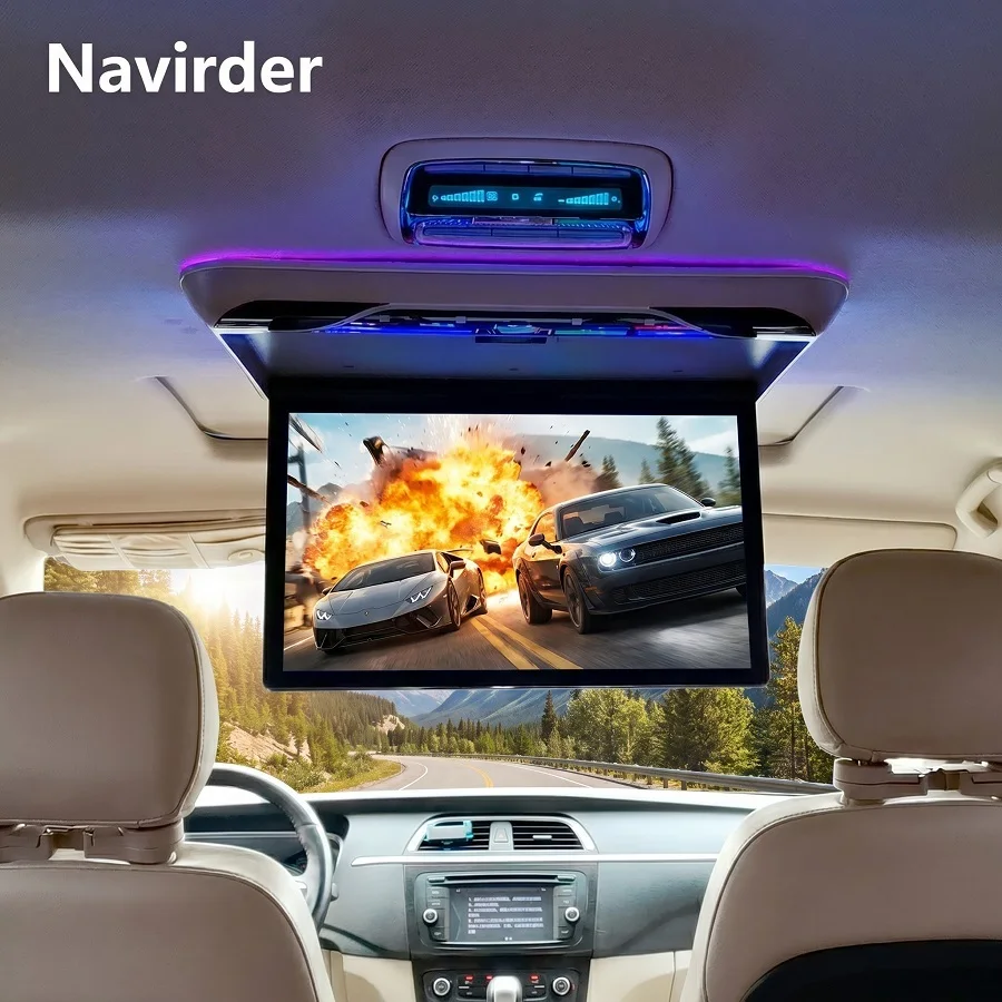 Android 13 19inch Ceiling TV Car Universal Roof Monitor Flip Screen Top Multimedia Video Display 16 Color Ambient Light HDMI
