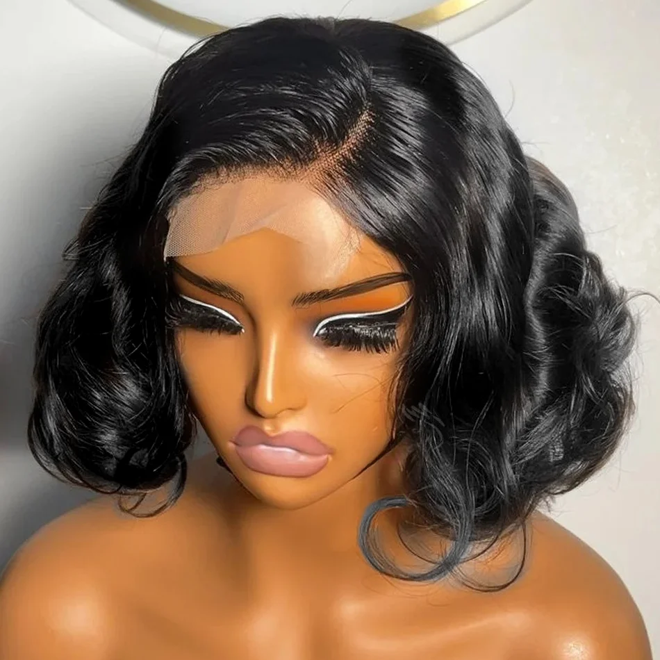 

13x6 Объемная волна Короткий парик Боб Бразильские волосы 13x4 HD Прозрачный парик фронтальной части шнурка 100% парик натуральных человеческих волос натуральный черный цвет