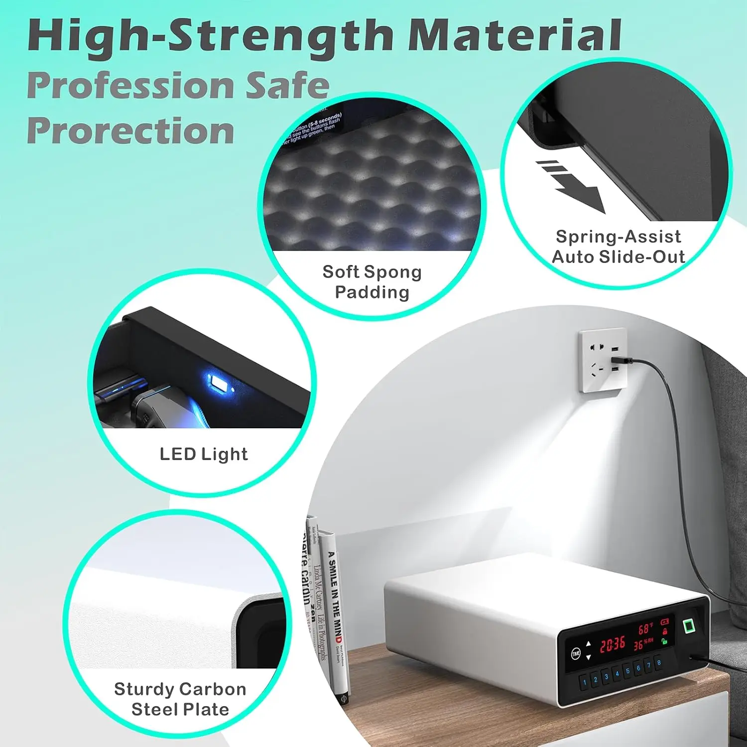 Smart Gun Safe with Security Cable - Biometric Pistol Safe for 2 Handgun 3 Ways Quick Access with Fingerprint/Keypad/Key, for Ni